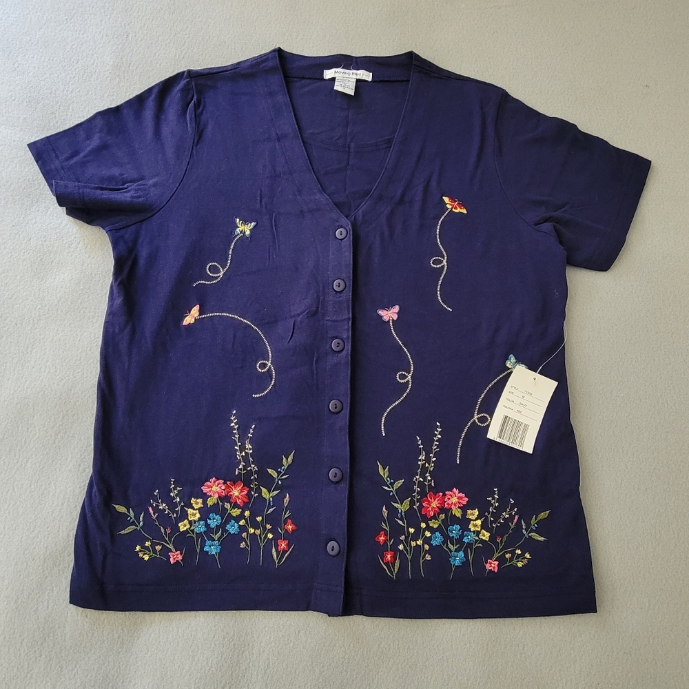 MOVING BLEU: By Designers original Blue  Floral  prints  top/shirt Sz M